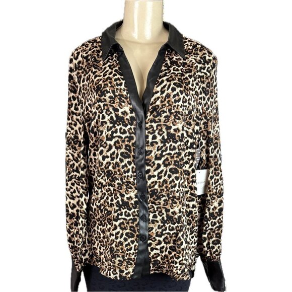 Ellen Tracy L Animal Print Button Collar Faux Leather Trim Long Sleeve Blouse - Picture 2 of 6